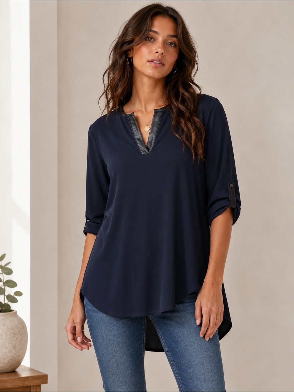 41 Hawthorn navy blouse with faux leather detail XS